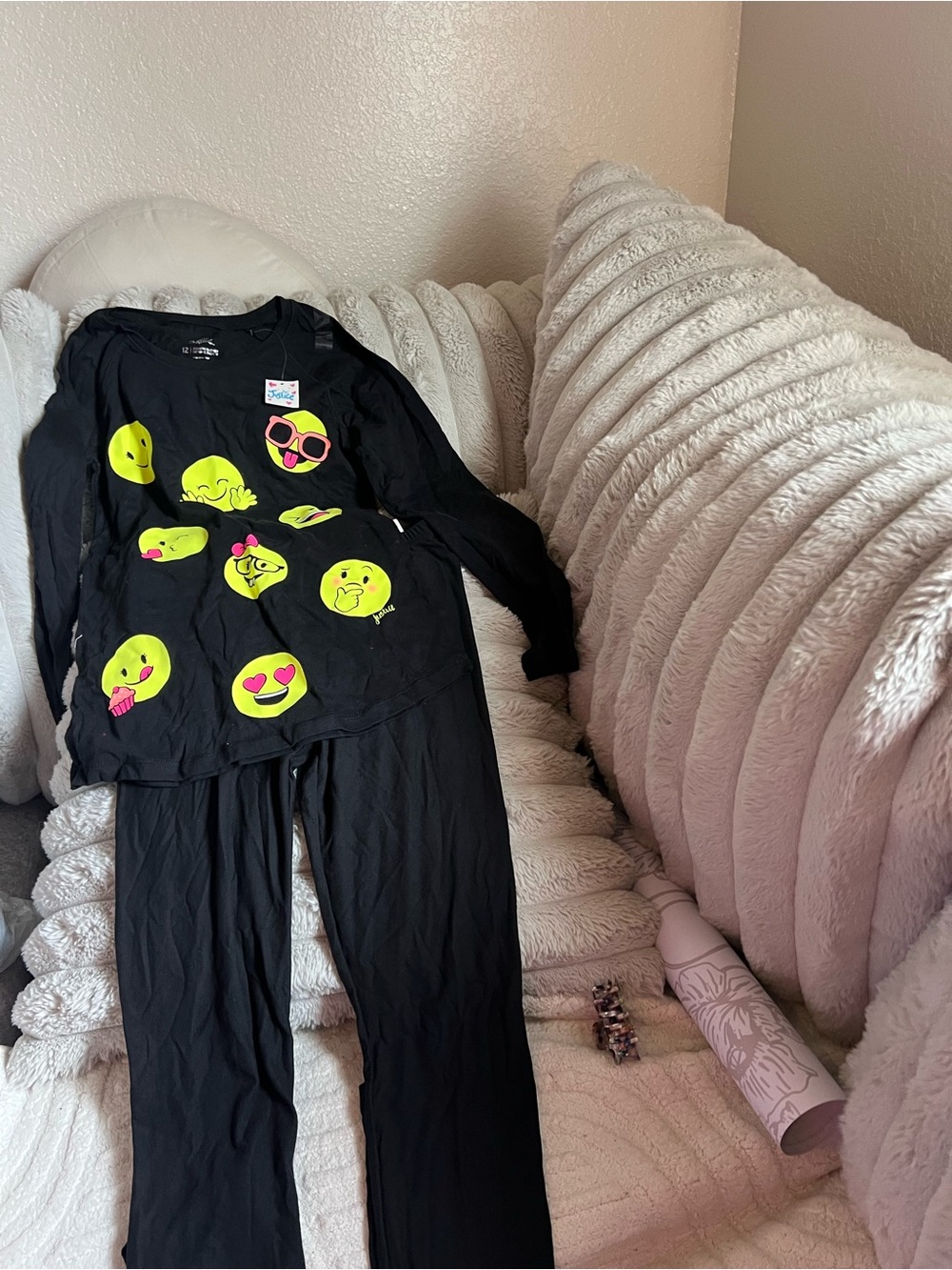 Justice Black Pajama Set with Neon Yellow Emoji Prints